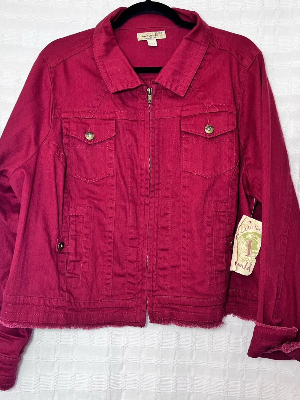 ONE WORLD Raspberry Zip-Front Jean Jacket - Picture 11 of 11